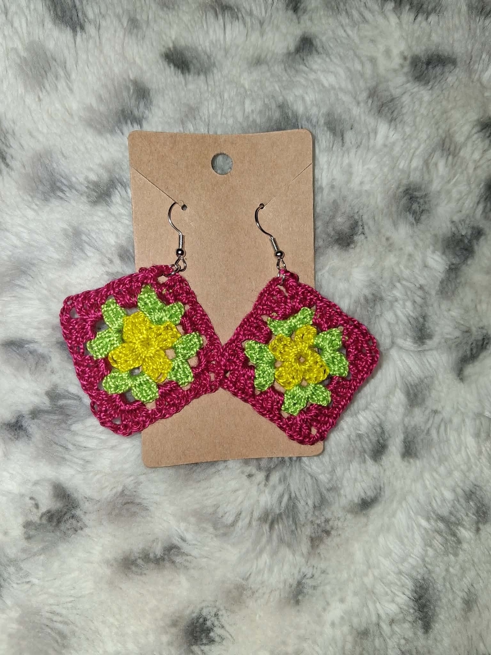 Handmade Pink Crocheted Flower Drop Earrings with Yellow & Green Accents